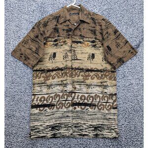 Y2K No Boundaries Hawaiian Button Up Shirt Mens S Tiki Boho Beachy Artsy Brown